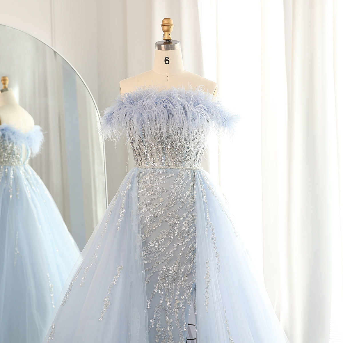 Luxury Feathers Lilac Evening Dress with Overskirt SS252 