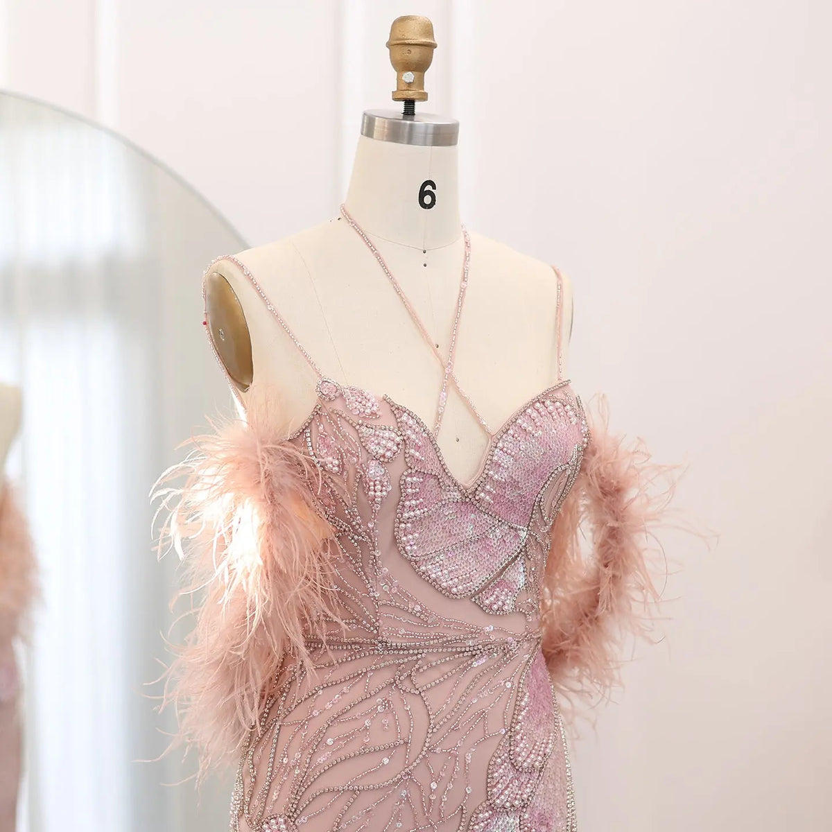Luxury Pink Evening Dress with Feathers Scarf SS478 