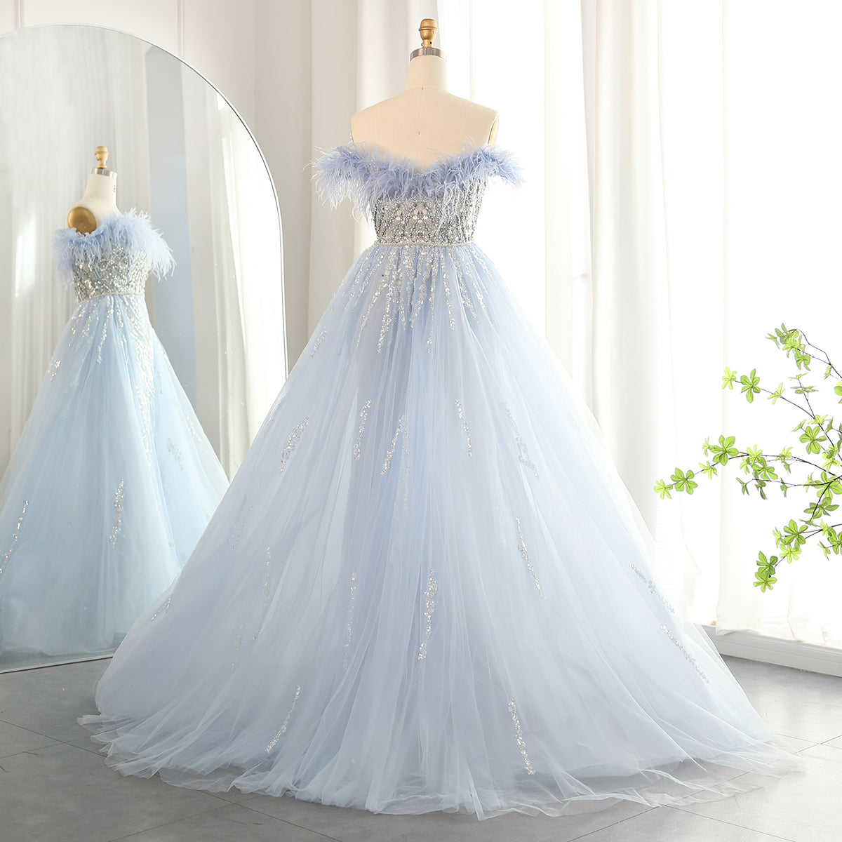 Luxury Feathers Lilac Evening Dress with Overskirt SS252 