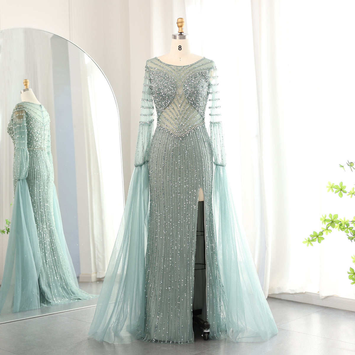 Sharon Said Luxury Dubai Mermaid Sage Green Evening Dress with Cape Sleeves Slit Elegant Lilac Women Wedding Party Gowns SS178