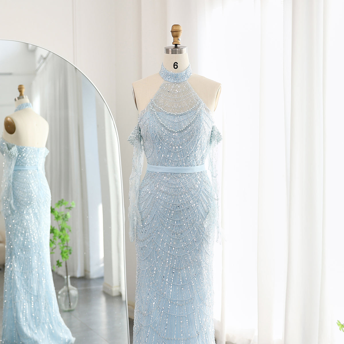 Luxury Nude Halter Mermaid Evening Dress with Gloves SS689 