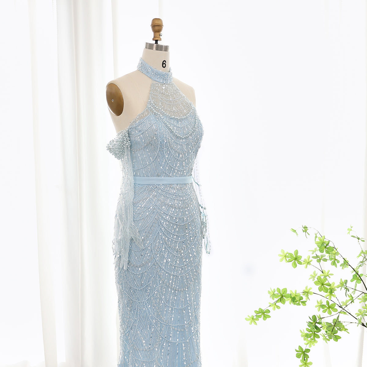 Luxury Nude Halter Mermaid Evening Dress with Gloves SS689 