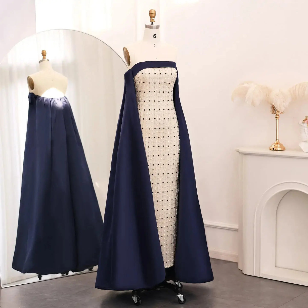 Luxury Navy Blue White Strapless Evening Dress SS422 