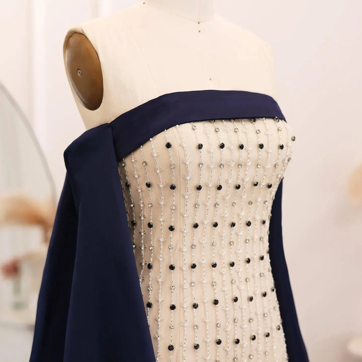 Luxury Navy Blue White Strapless Evening Dress SS422 