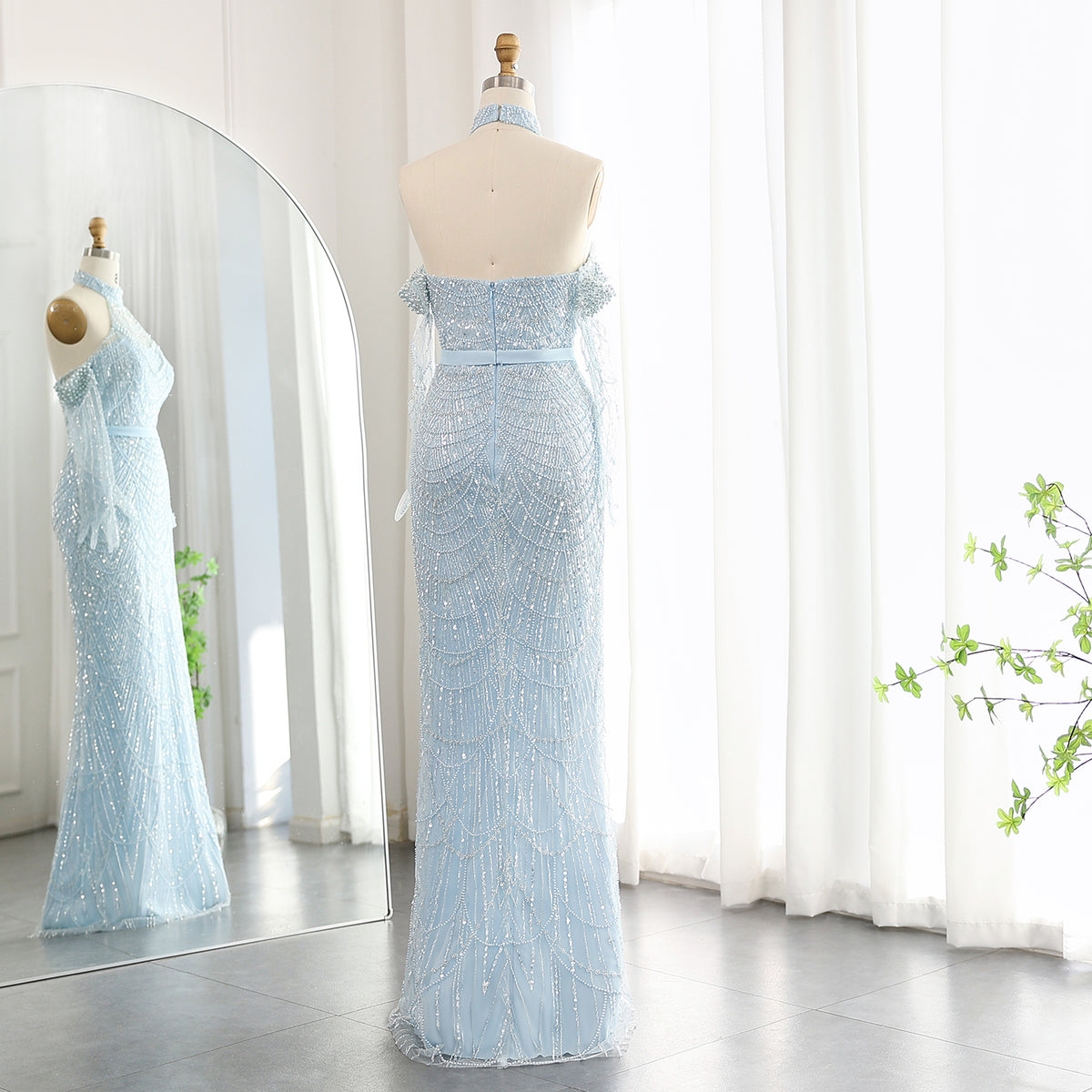 Luxury Nude Halter Mermaid Evening Dress with Gloves SS689 