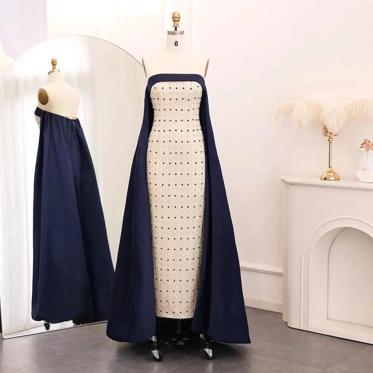 Luxury Navy Blue White Strapless Evening Dress SS422 