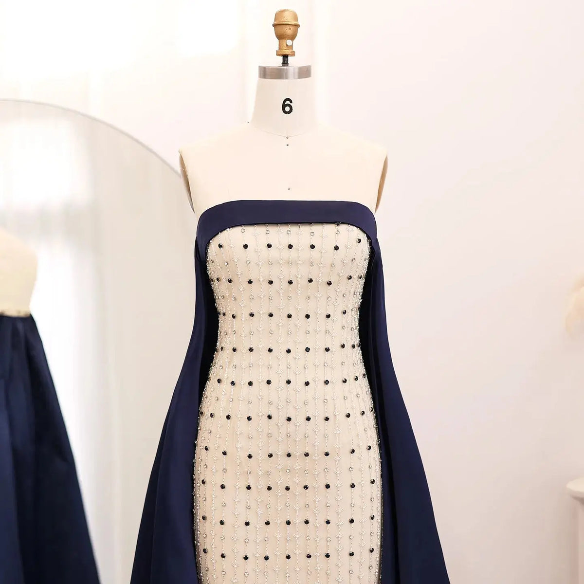 Luxury Navy Blue White Strapless Evening Dress SS422 