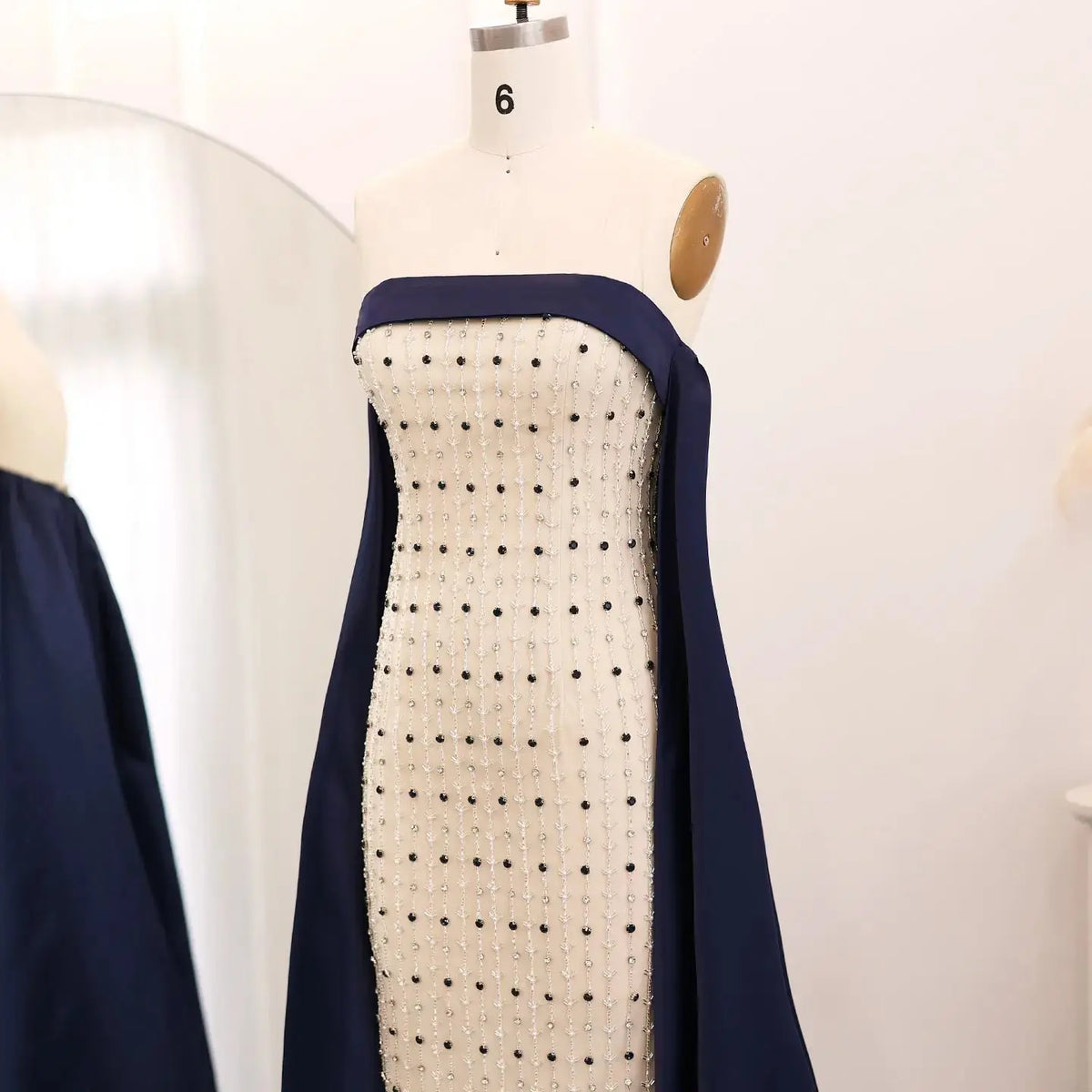Luxury Navy Blue White Strapless Evening Dress SS422 