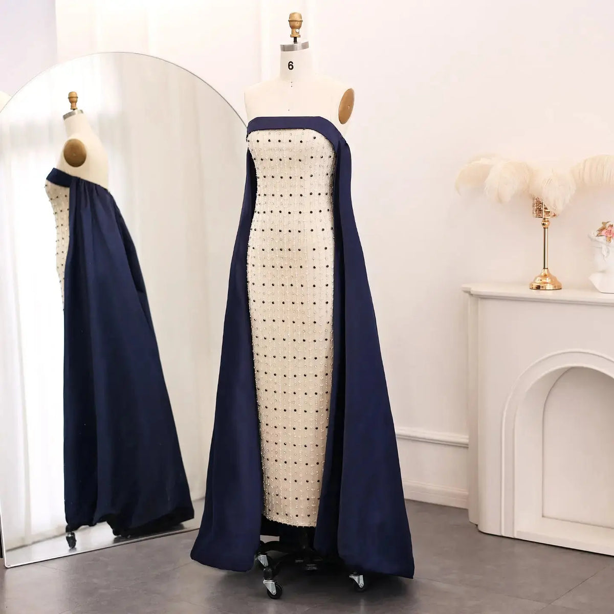 Luxury Navy Blue White Strapless Evening Dress SS422 