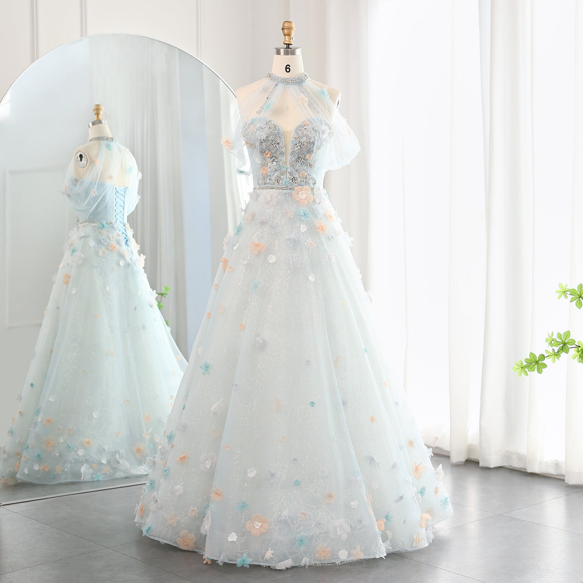 Luxury Blue 3D Flowers Strapless Evening Dress SS538