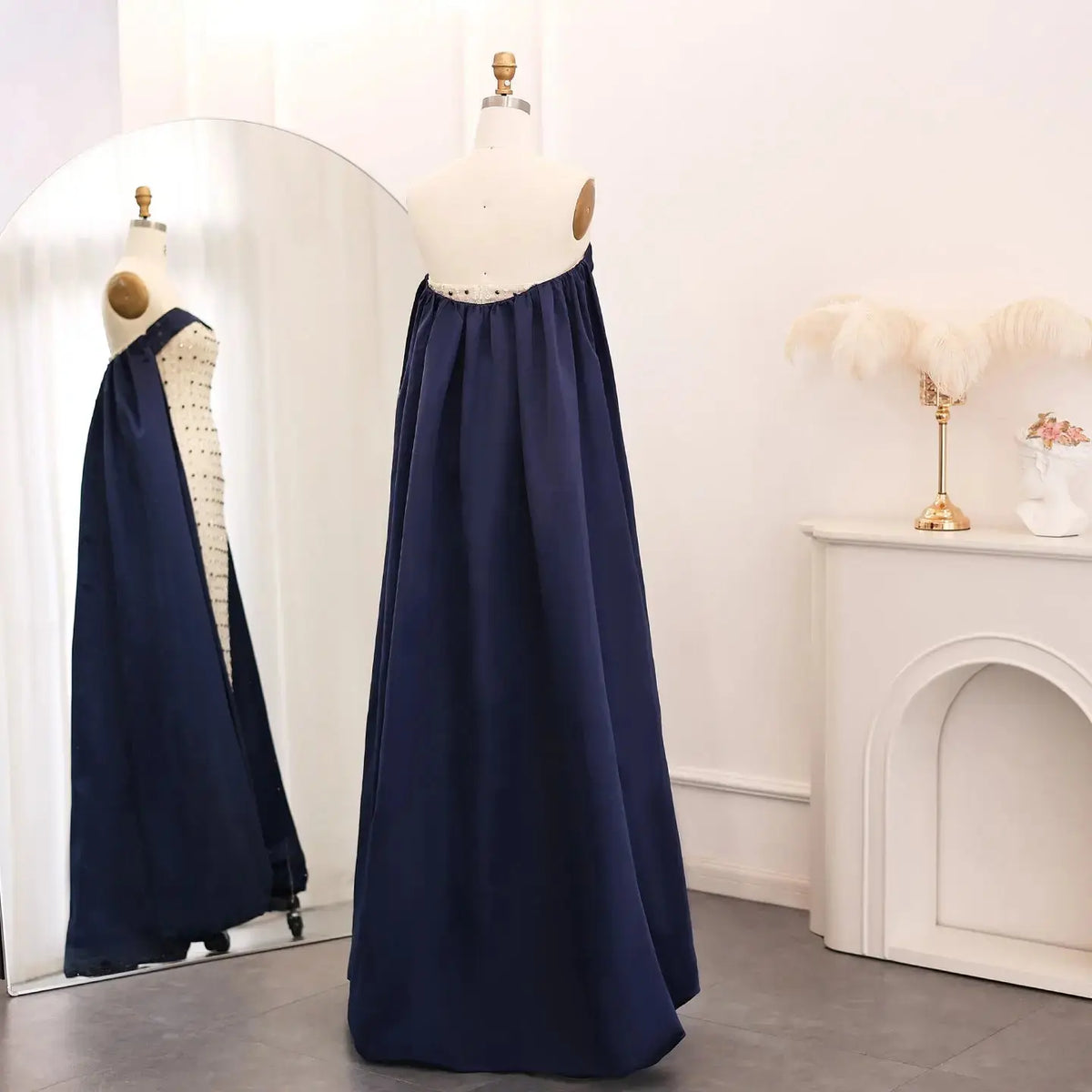 Luxury Navy Blue White Strapless Evening Dress SS422 