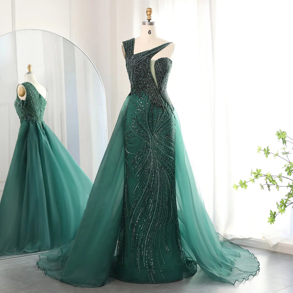 Luxury Emerald Green Evening Dress with Overskirt SS128 - SHARONSAID Luxury Emerald Green Evening Dress with Overskirt SS128 - SHARONSAID