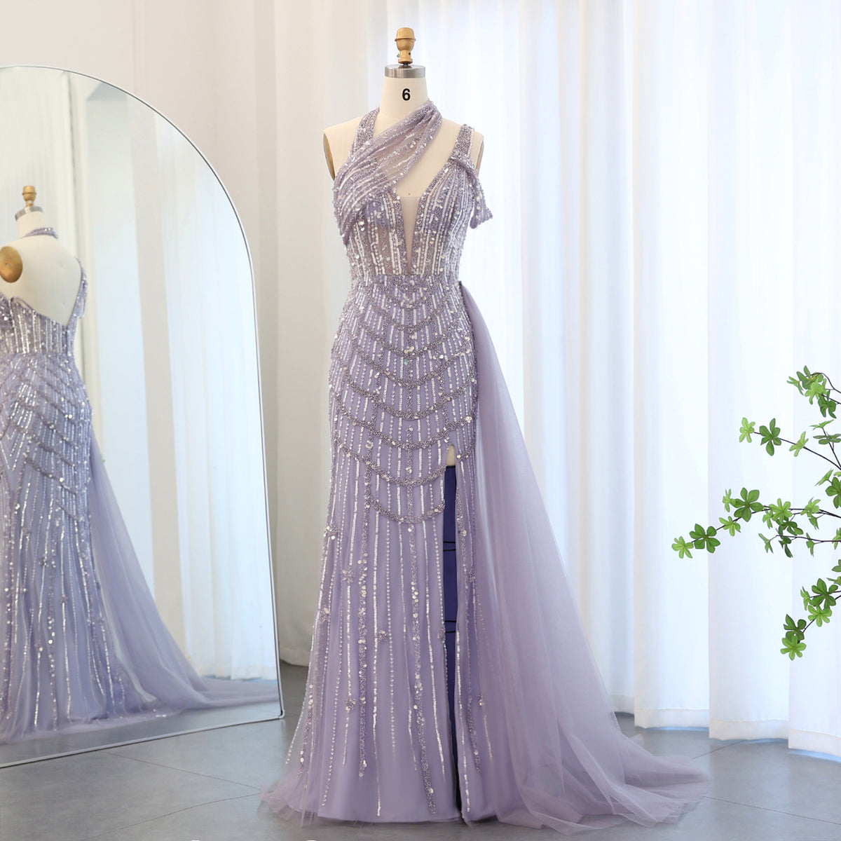 Sharon Said Luxury Beaded Lilac Mermaid Halter Evening Dress with Overskirt Side Slit Turquoise Dubai Wedding Party Dress SS180