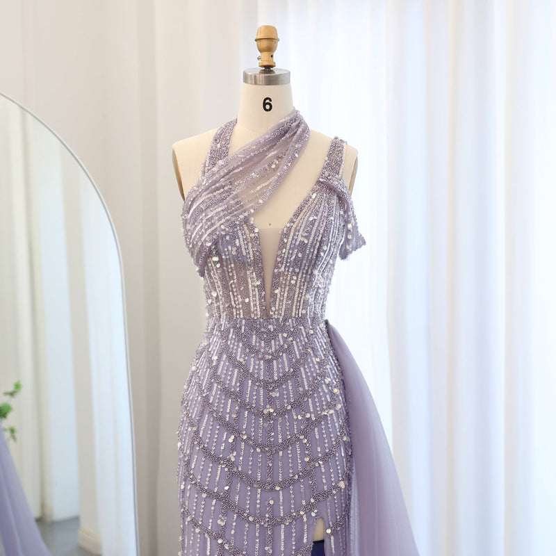 Luxury Beaded Lilac Halter Evening Dress with Overskirt SS180