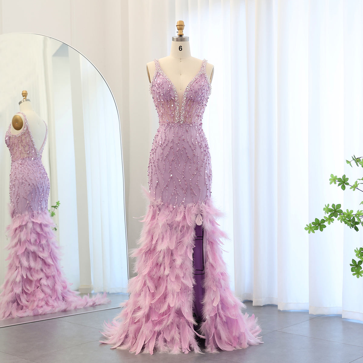 Sharon Said Luxury Feathers Pink Mermaid Evening Dresses for Women Wedding V-Neck Blue Side Slit Long Prom Party Dress SS184