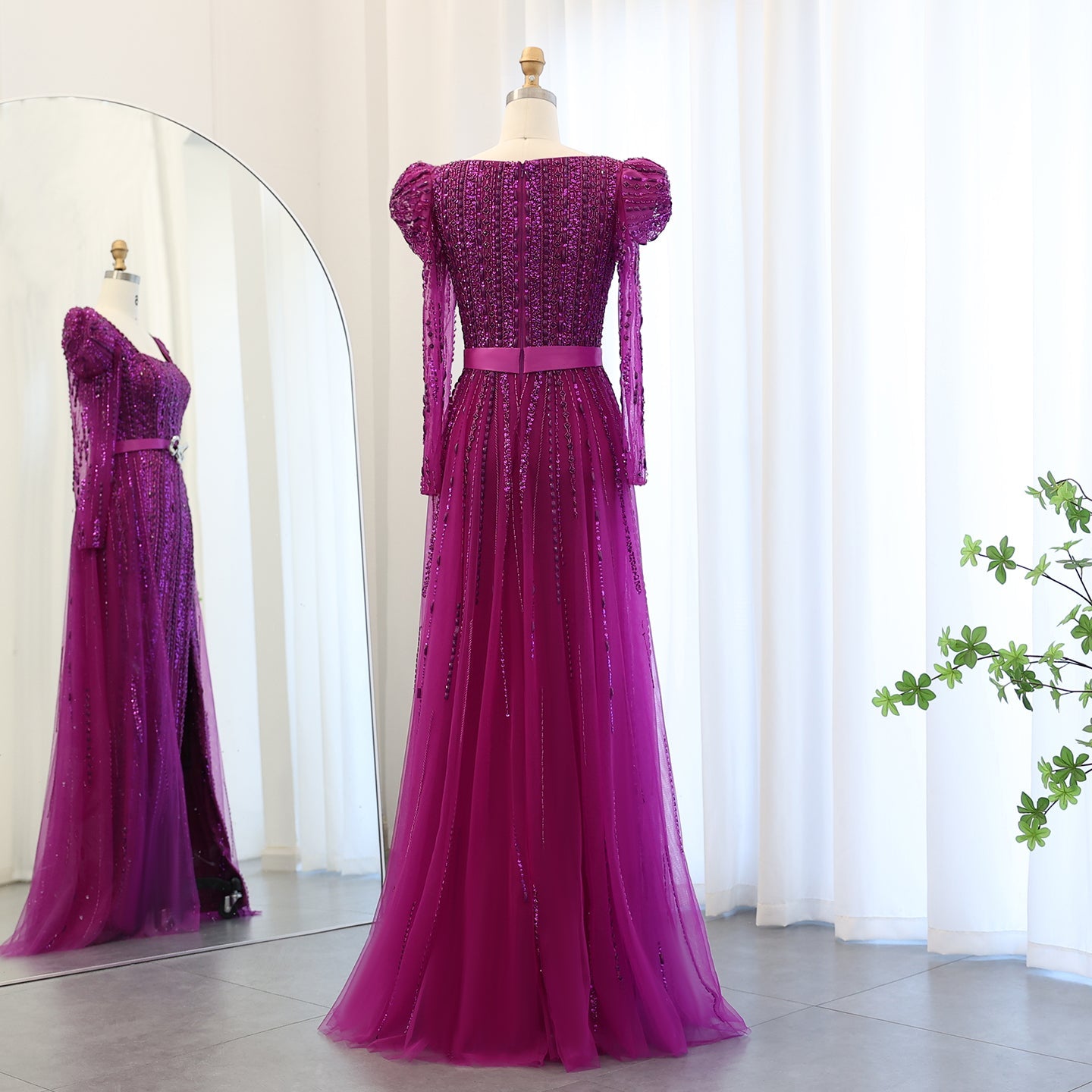 Luxury Fuchsia Long Sleeve Evening Dress with Overskirt Luxury Fuchsia Long Sleeve Evening Dress with Overskirt