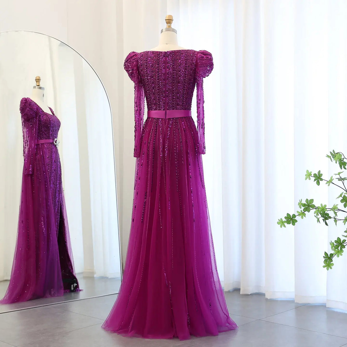 Final Sale Fuchsia Long Sleeve Evening Dress with Overskirt SS318