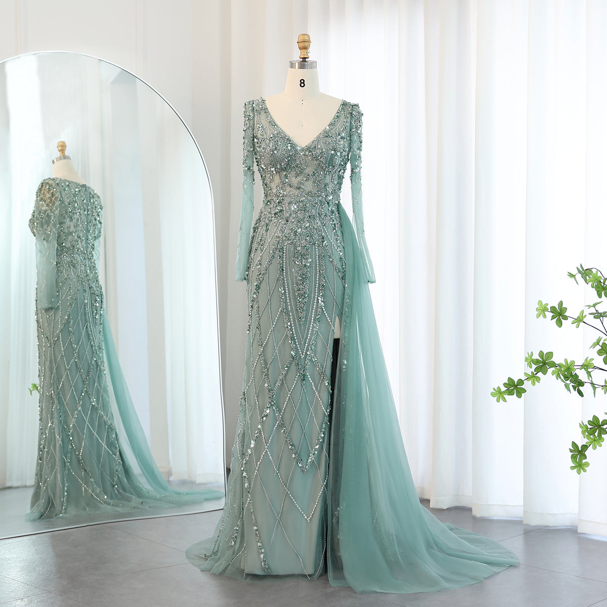 Sharon Said Türkisgrünes Meramid-Abendkleid mit langen Ärmeln und Überrock mit hohem Schlitz, luxuriös für Frauen, Hochzeitsfeier, SS181