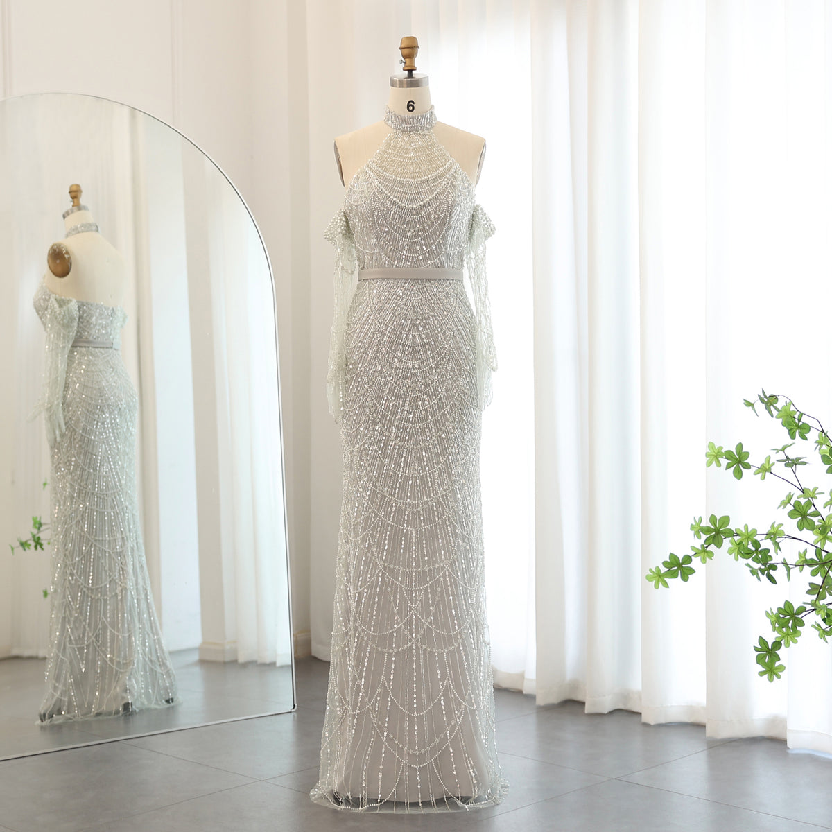 Luxury Nude Halter Mermaid Evening Dress with Gloves SS689 