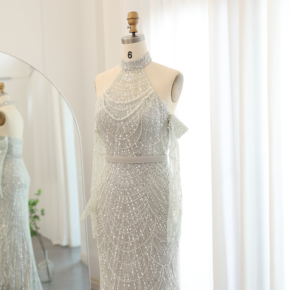 Luxury Nude Halter Mermaid Evening Dress with Gloves SS689 