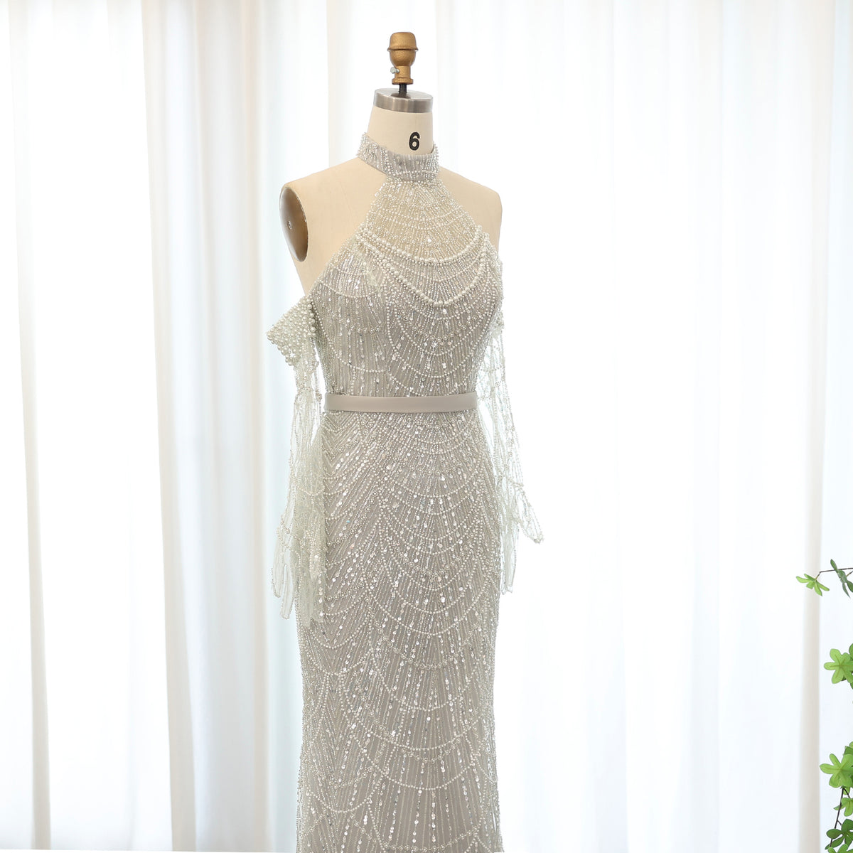 Luxury Nude Halter Mermaid Evening Dress with Gloves SS689 