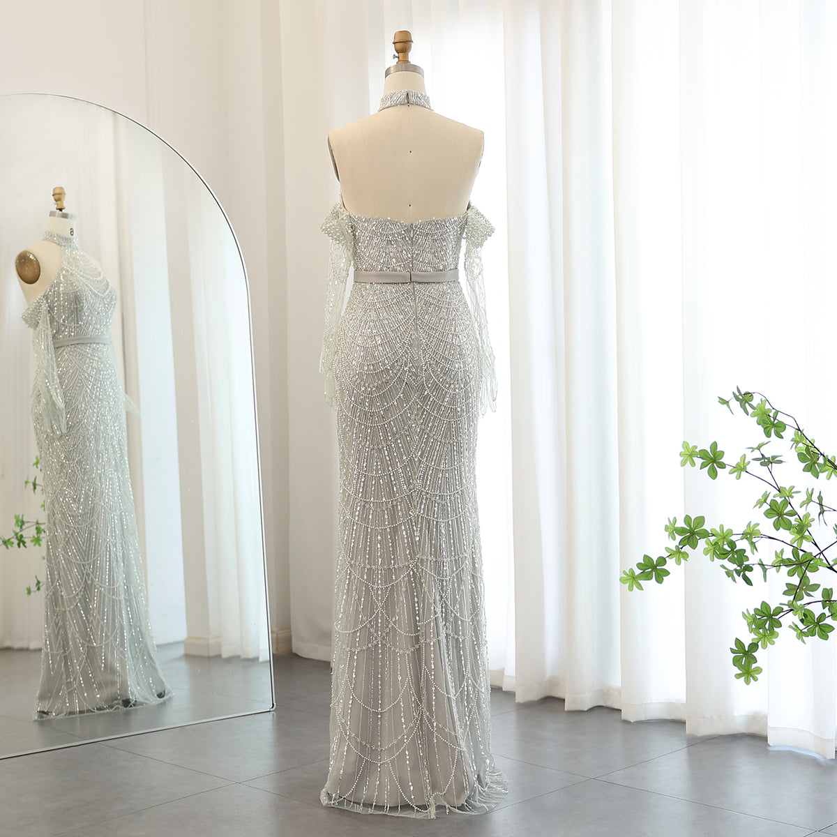 Luxury Nude Halter Mermaid Evening Dress with Gloves SS689 