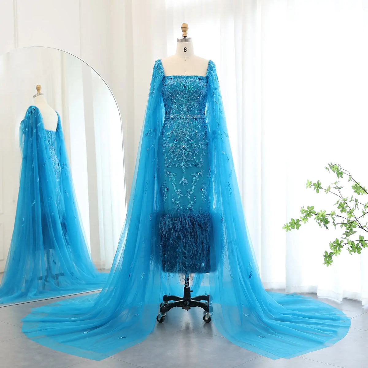 Luxury Feathers Lilac Evening Dress with Cape Sleeves SS381 
