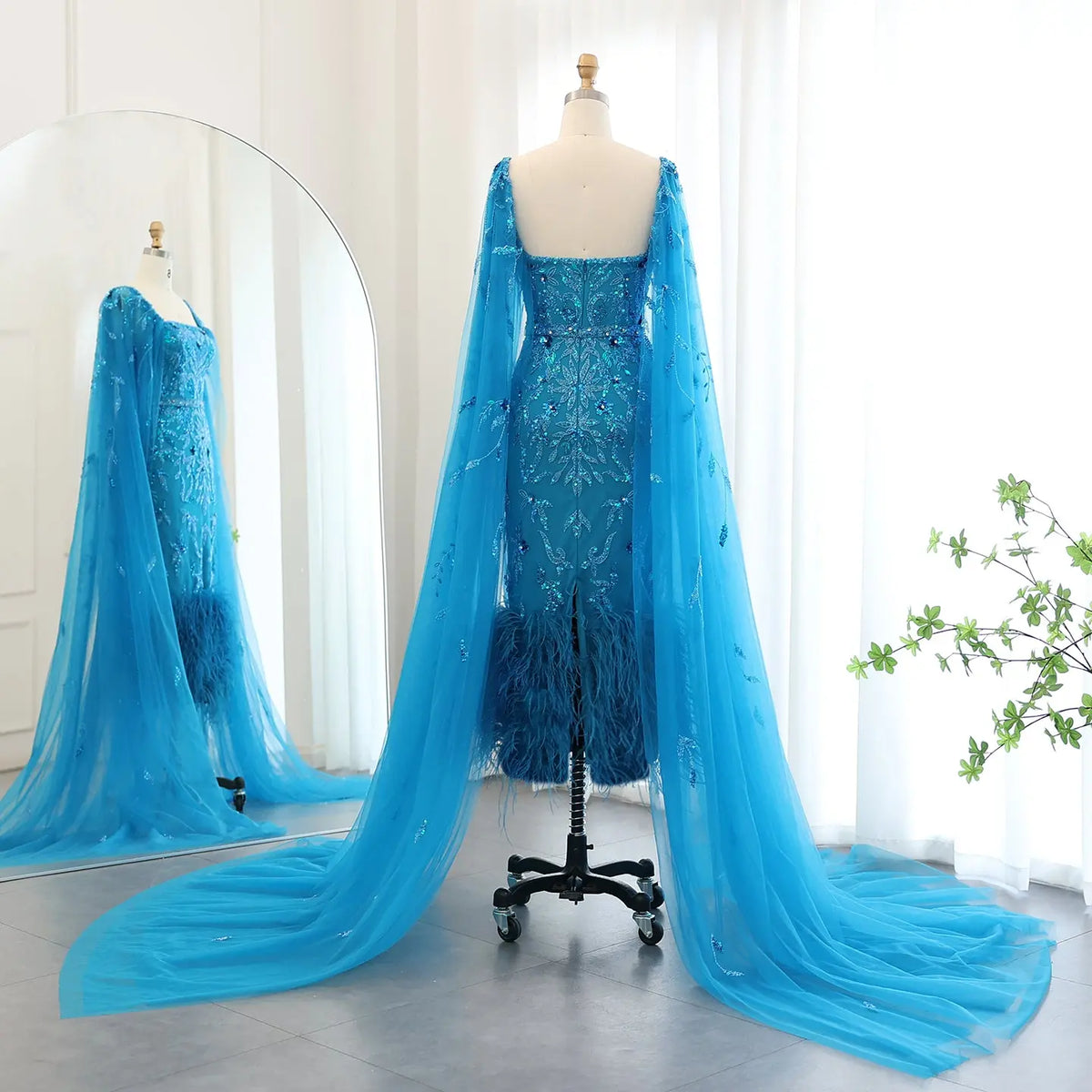 Luxury Feathers Lilac Evening Dress with Cape Sleeves SS381 