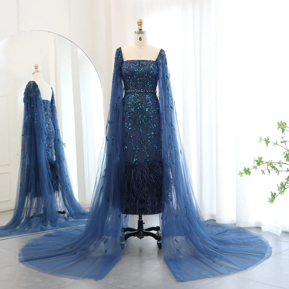 Luxury Feathers Lilac Evening Dress with Cape Sleeves SS381 