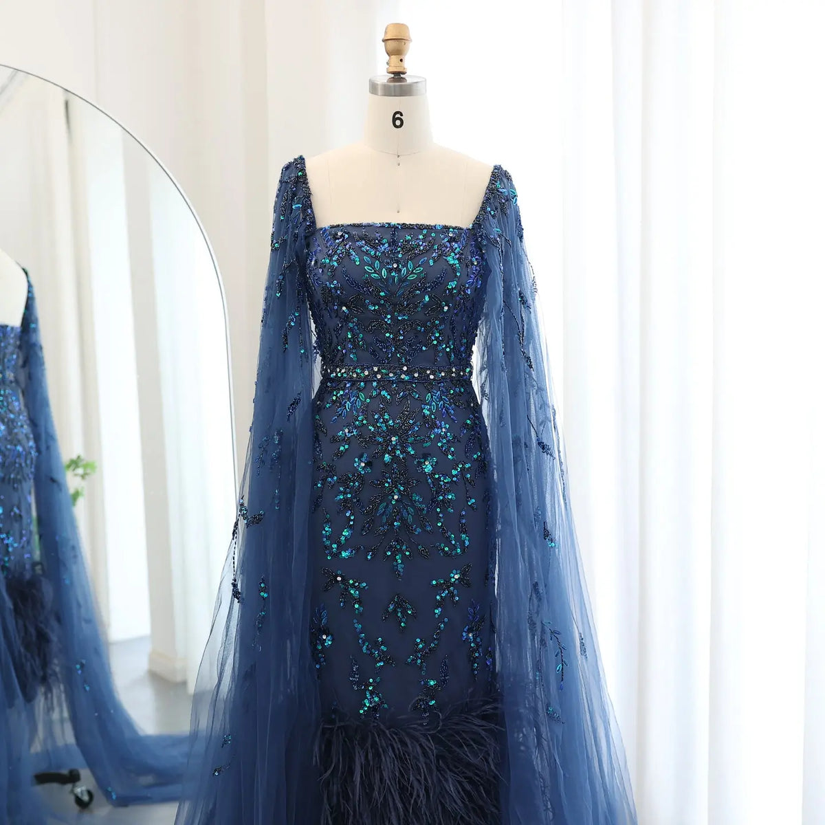 Luxury Feathers Lilac Evening Dress with Cape Sleeves SS381 