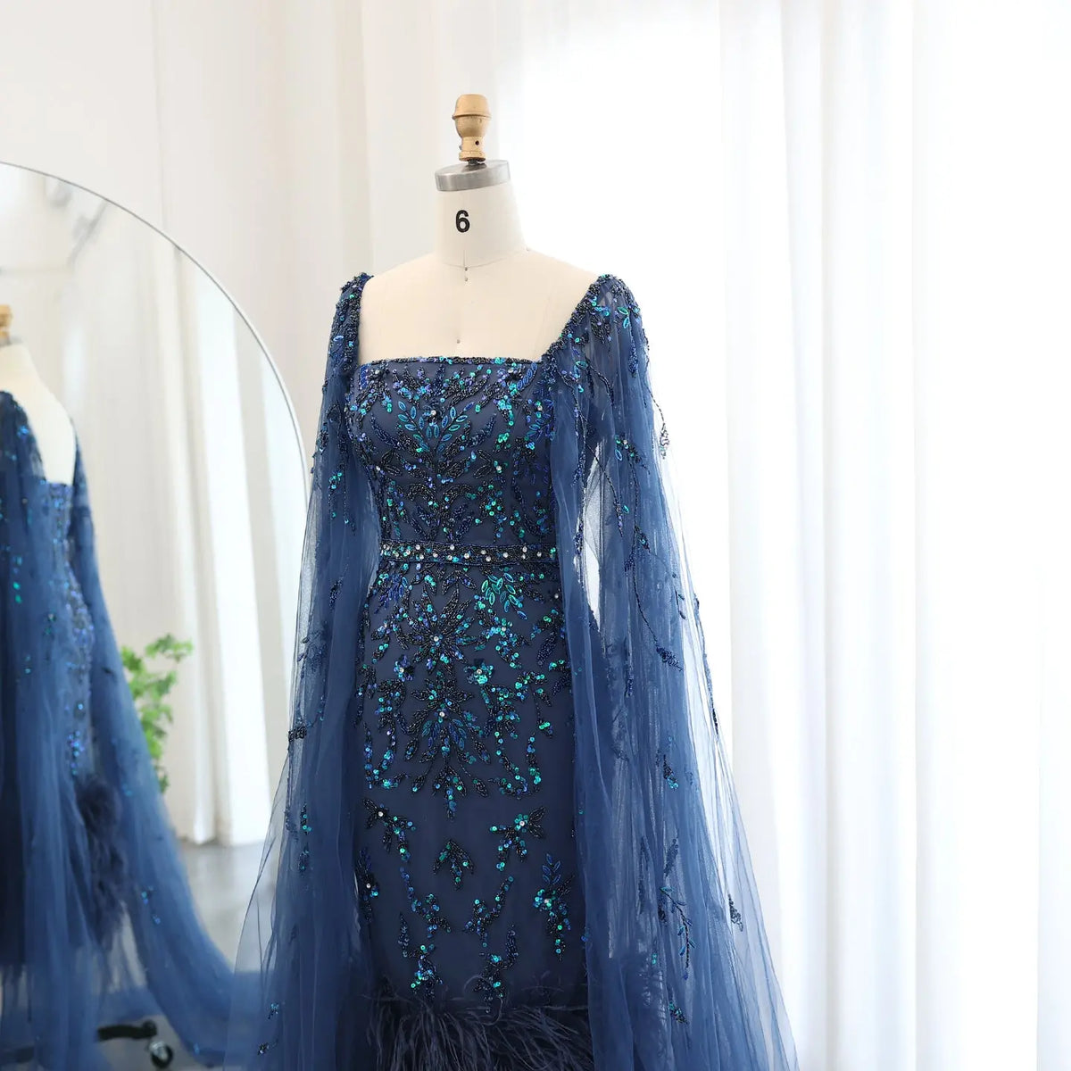 Luxury Feathers Lilac Evening Dress with Cape Sleeves SS381 