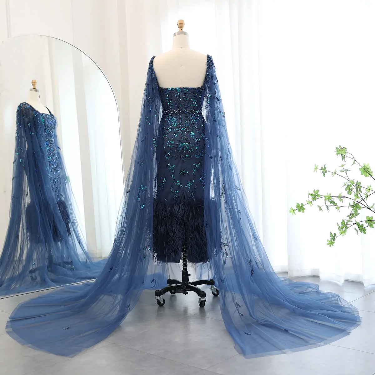 Luxury Feathers Lilac Evening Dress with Cape Sleeves SS381 
