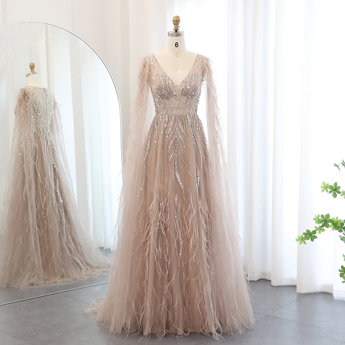 Sharon Said Luxury Feathers Nude A-line Evening Dresses with Cape Sleeves V-Neck Lilac Arabic Women Wedding Party Dress SS186