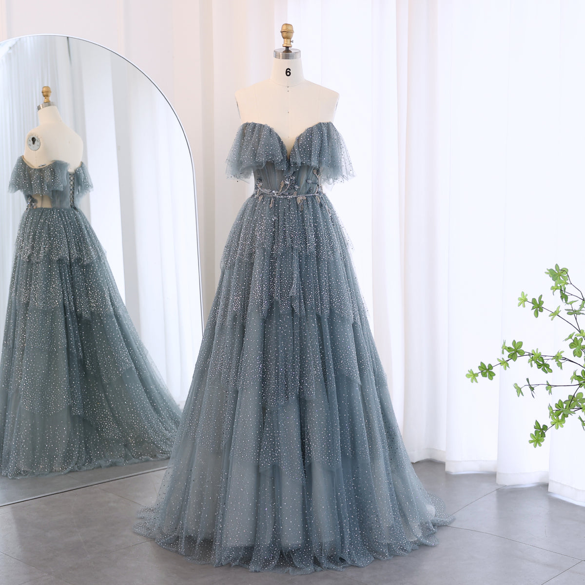 Sharon Said Funkelndes, kristallblaues Abendkleid mit herzförmigem Ausschnitt für Frauen, Hochzeit, abgestufte Rüschen, Luxus-Brautpartykleider in Dubai, SS017