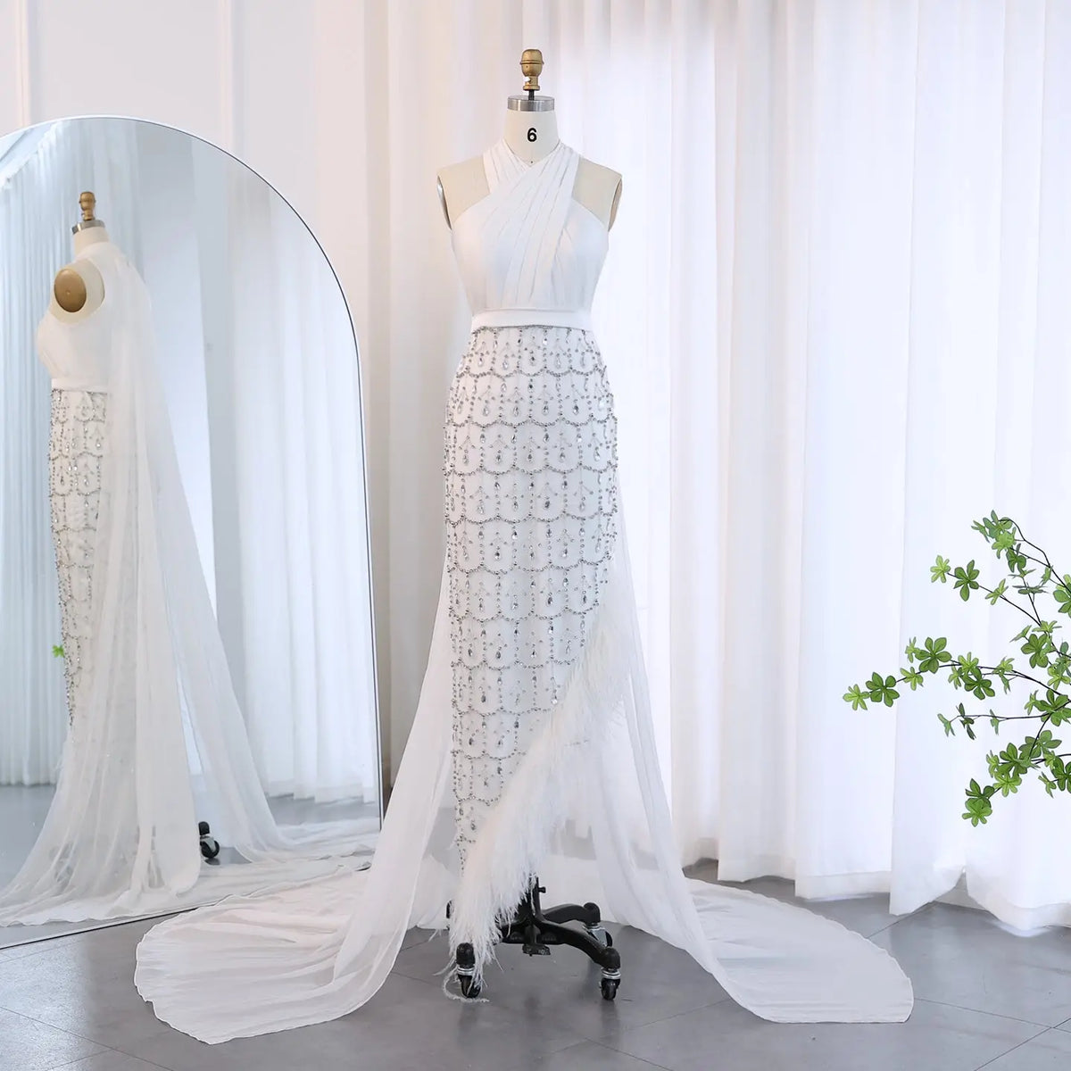 Final Sale Luxury Feather White Halter Evening Dress with Cape SS350 Final Sale Luxury Feather White Halter Evening Dress with Cape SS350