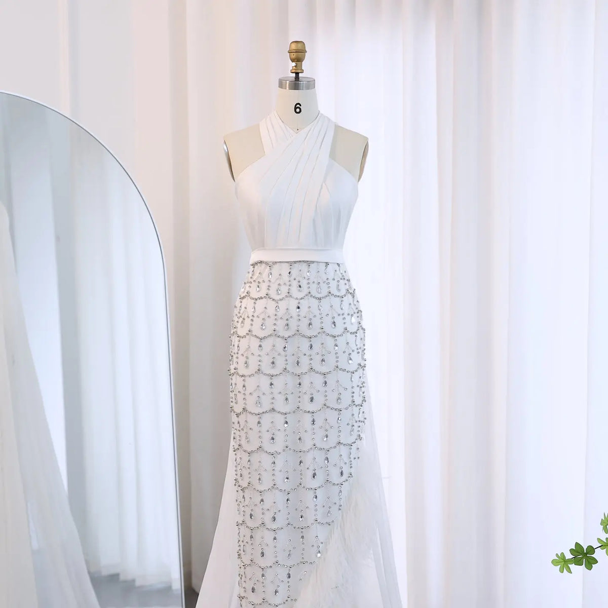 Luxury Feather White Halter Evening Dress with Cape SS350 