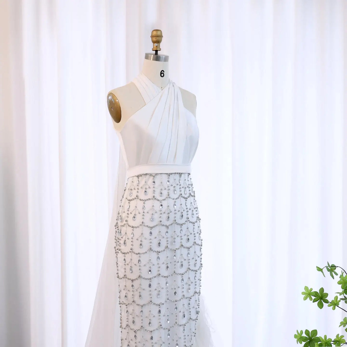 Luxury Feather White Halter Evening Dress with Cape SS350 