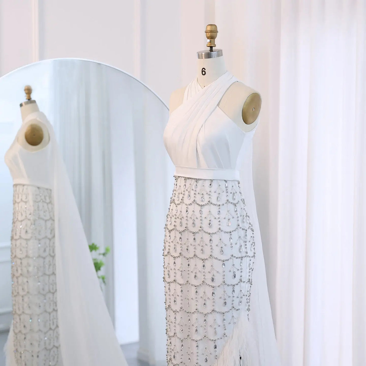 Luxury Feather White Halter Evening Dress with Cape SS350 