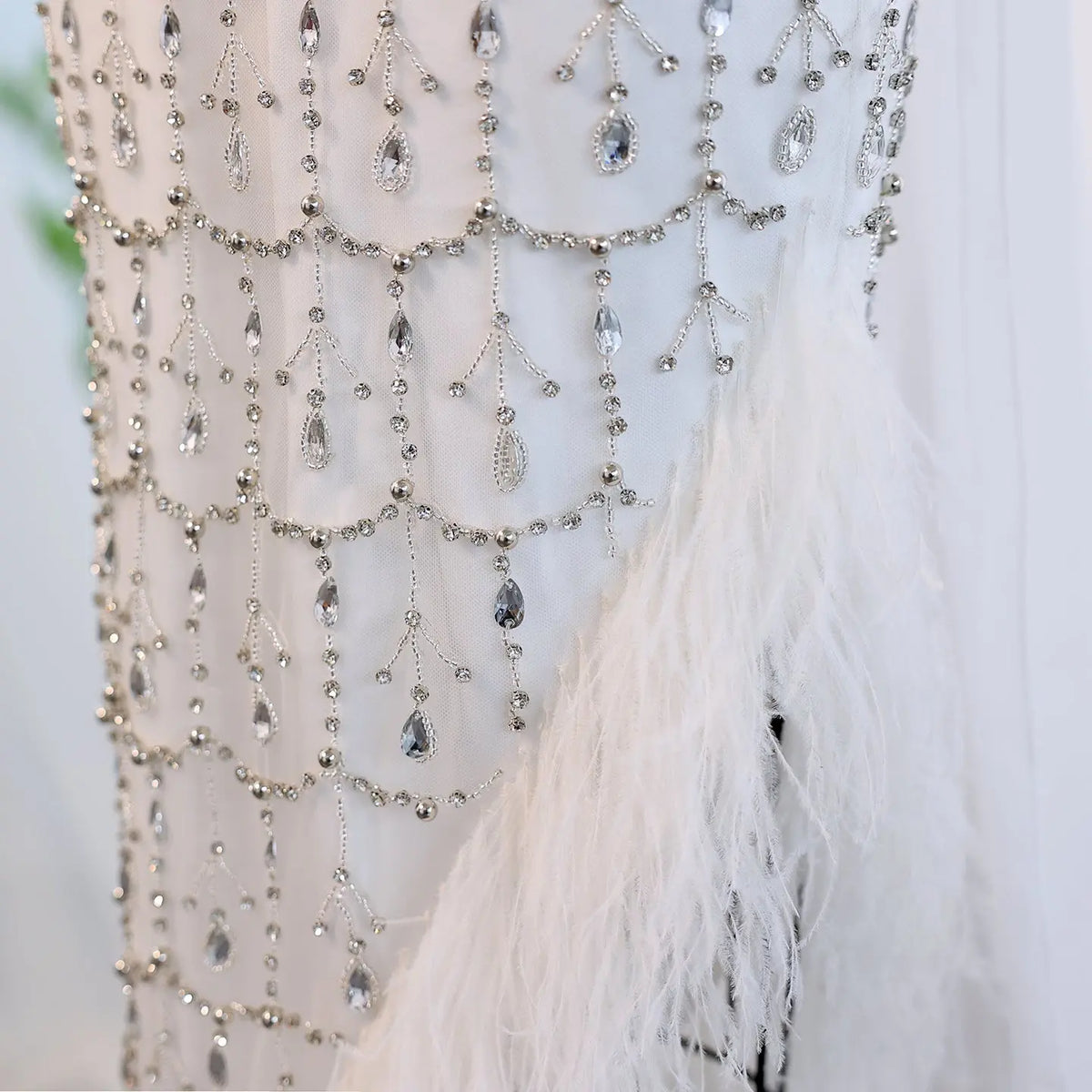 Luxury Feather White Halter Evening Dress with Cape SS350 