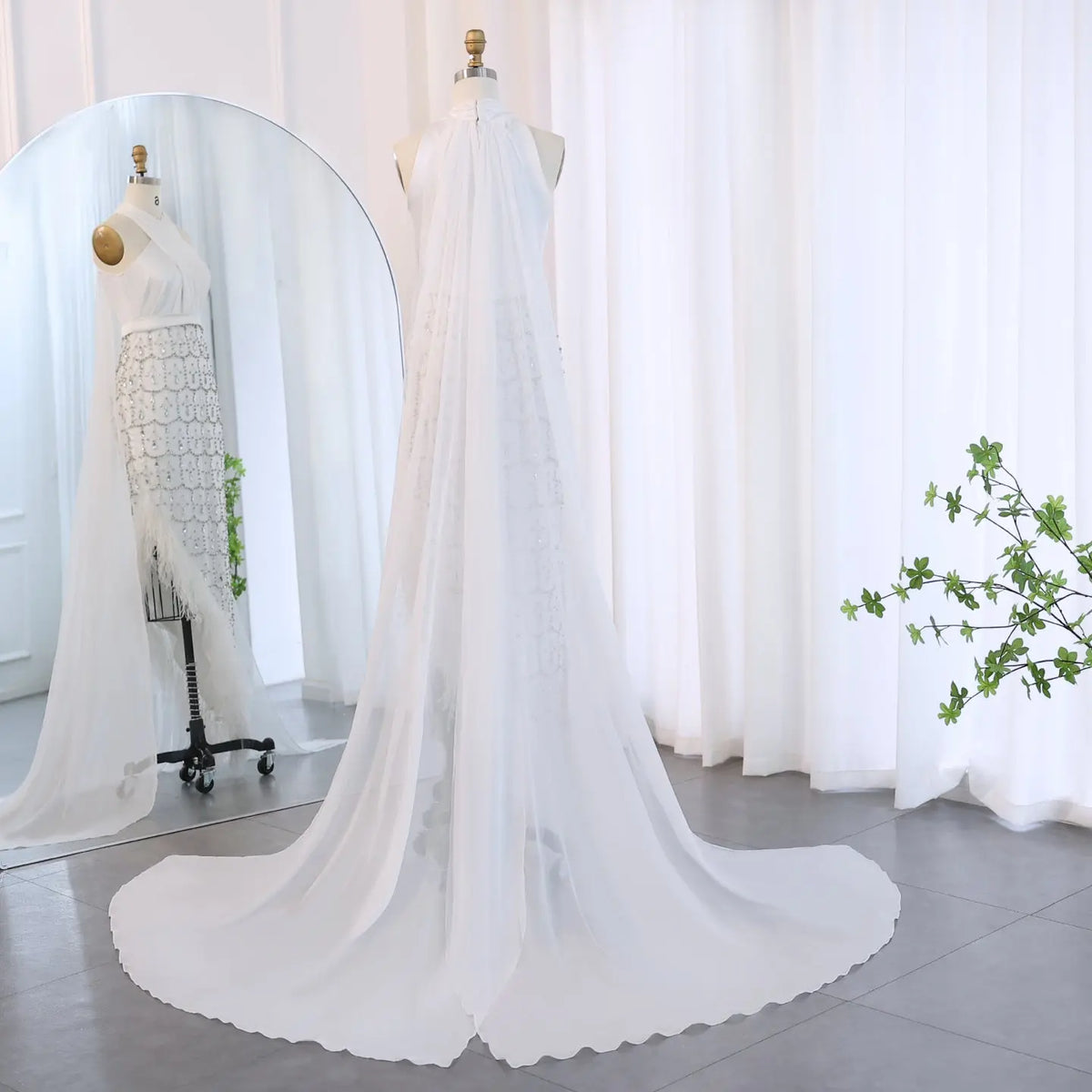 Final Sale Luxury Feather White Halter Evening Dress with Cape SS350 Final Sale Luxury Feather White Halter Evening Dress with Cape SS350