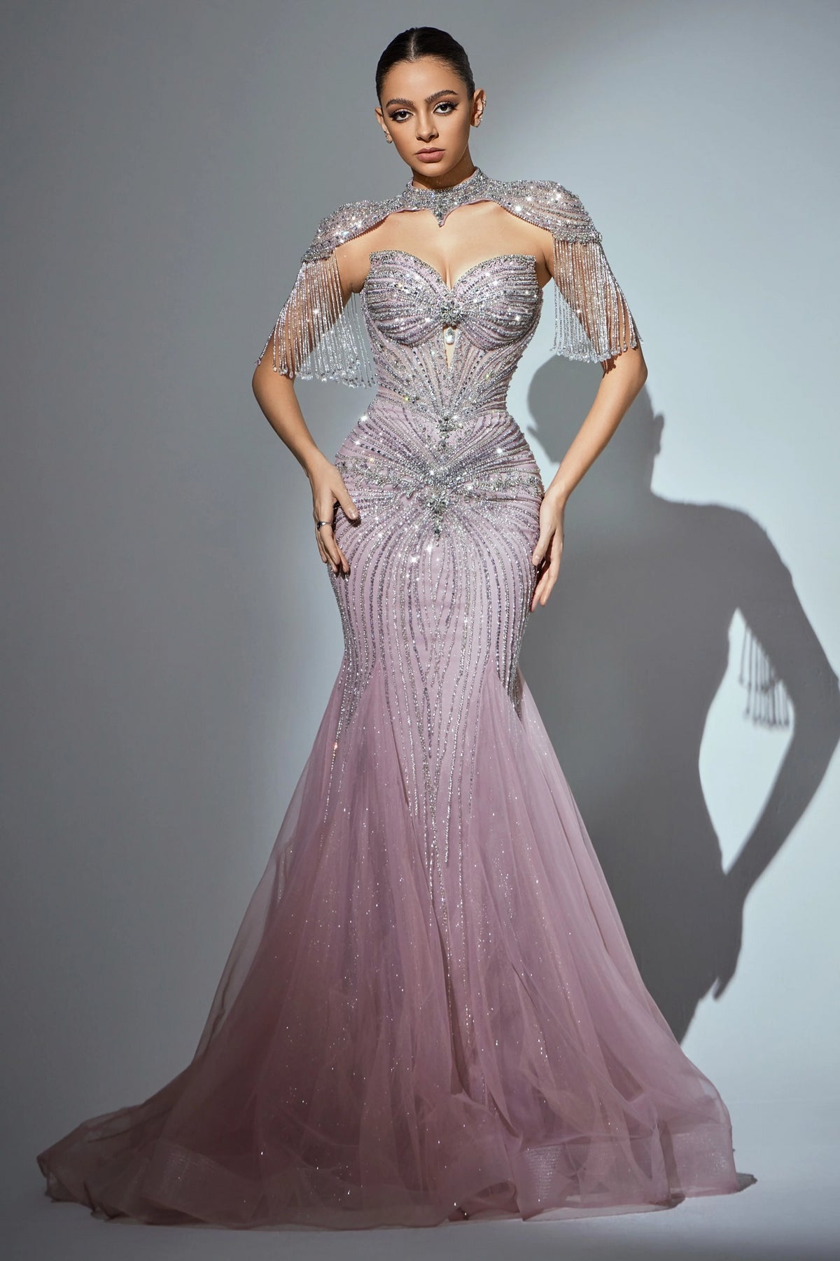 Luxury Champagne Beaded Crystal Evening Dress with Tassel Shoulder SS021 