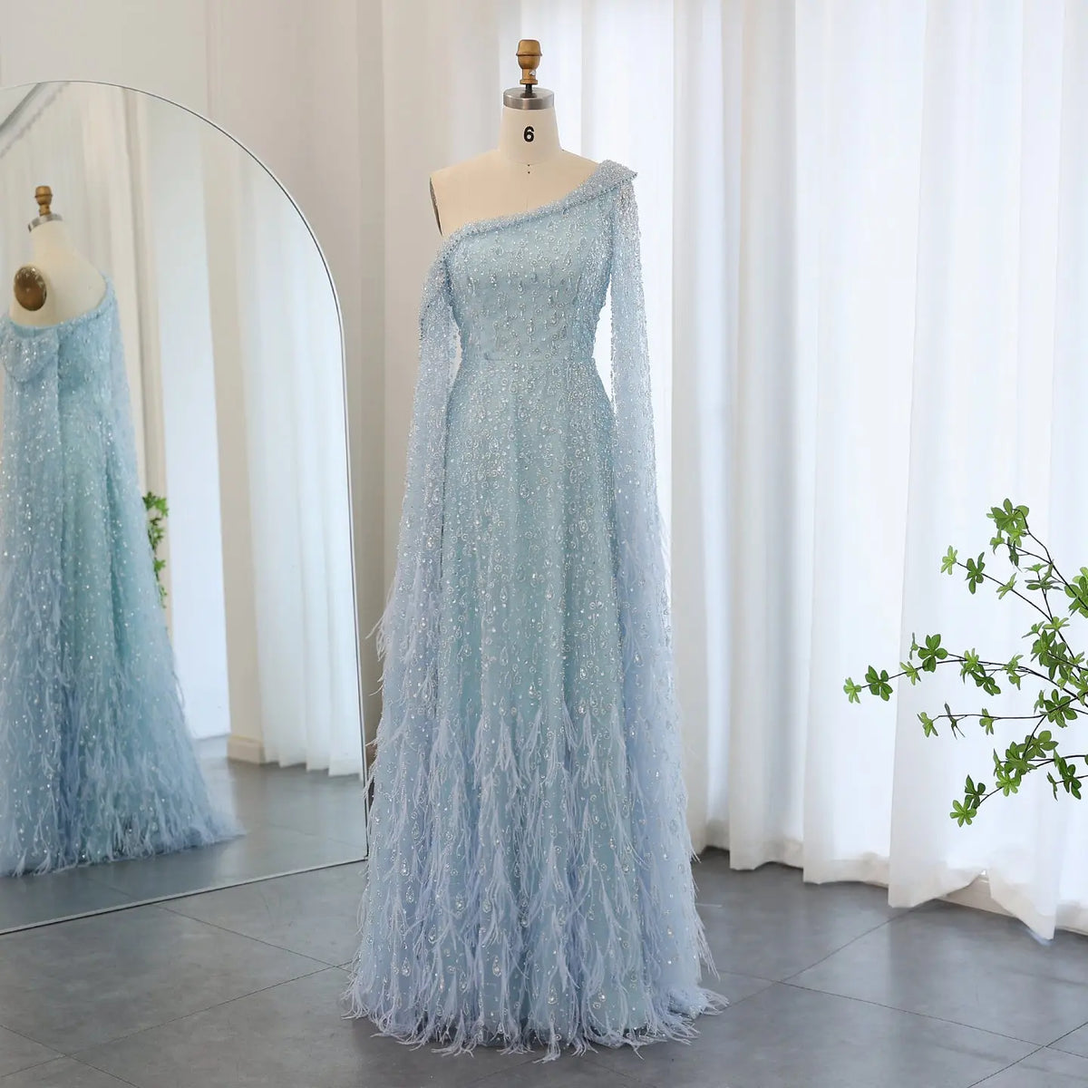 Luxury Feather One Shoulder Evening Dress with Cape Sleeves SS438 - SHARONSAID Luxury Feather One Shoulder Evening Dress with Cape Sleeves SS438 - SHARONSAID