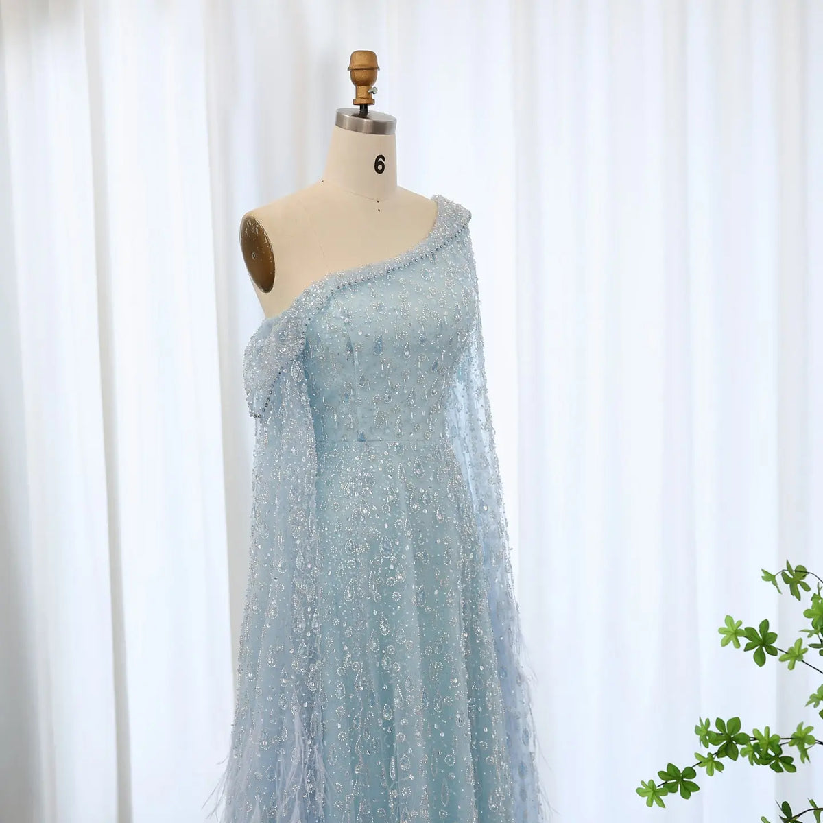 Luxury Feather One Shoulder Evening Dress with Cape Sleeves SS438