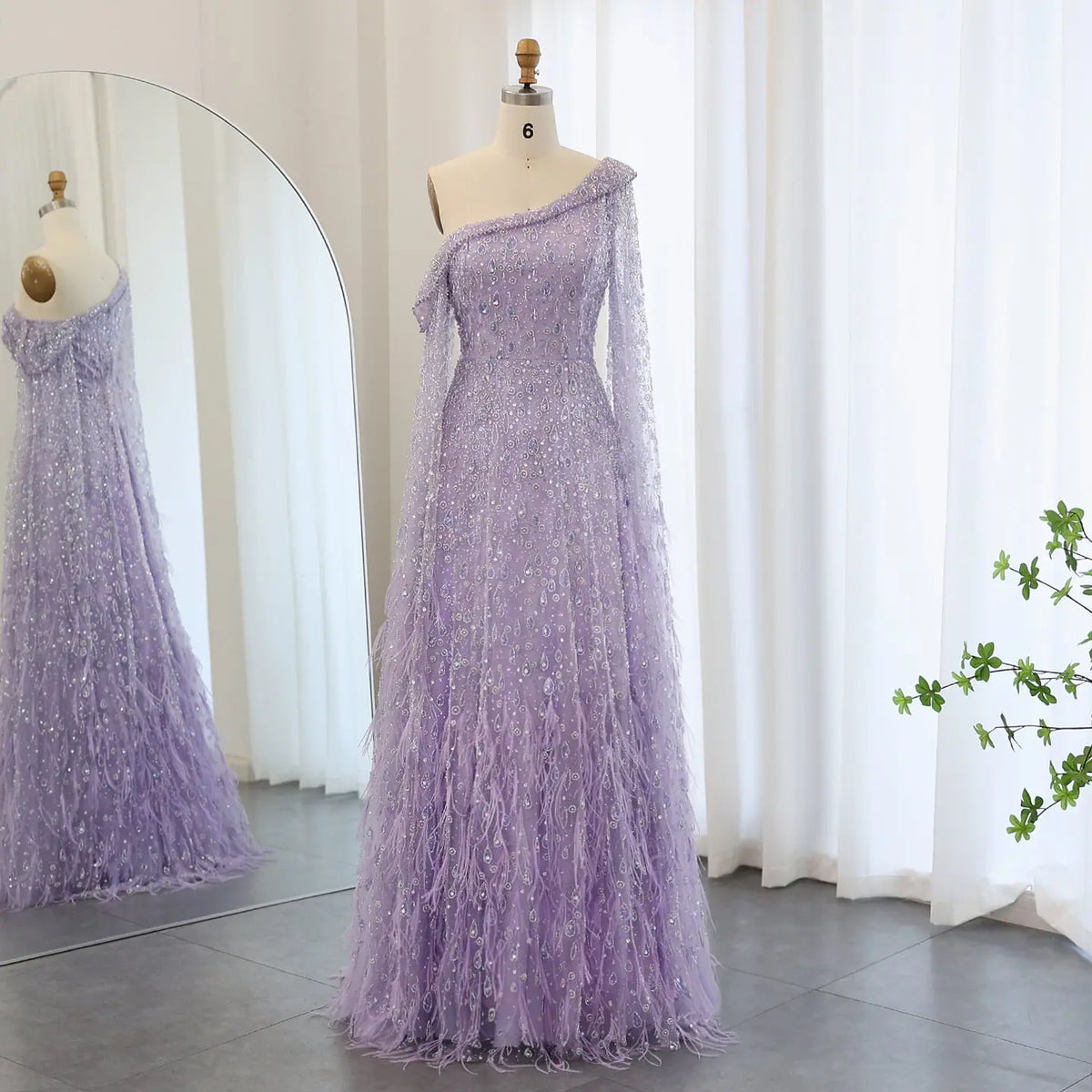 Luxury Feather One Shoulder Evening Dress with Cape Sleeves SS438 Luxury Feather One Shoulder Evening Dress with Cape Sleeves SS438
