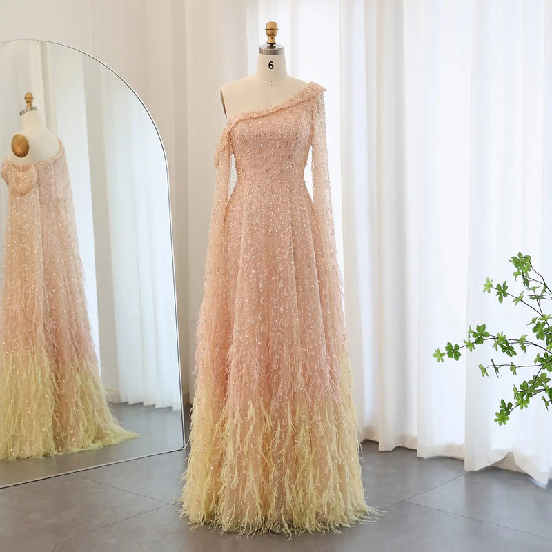 Luxury Feather One Shoulder Evening Dress with Cape Sleeves SS438 