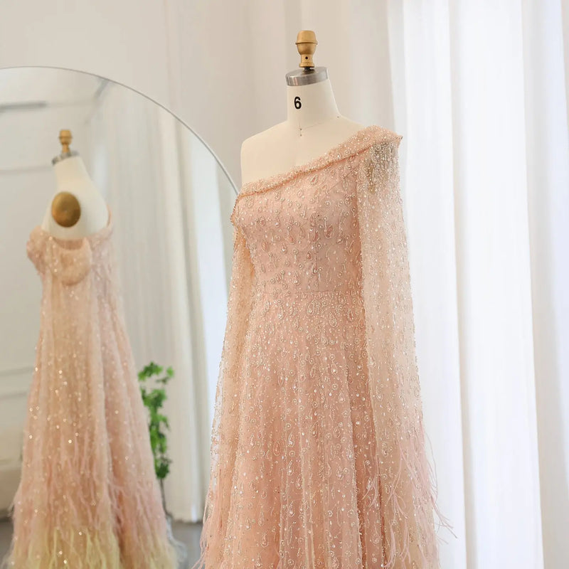 Luxury Feather One Shoulder Evening Dress with Cape Sleeves SS438 