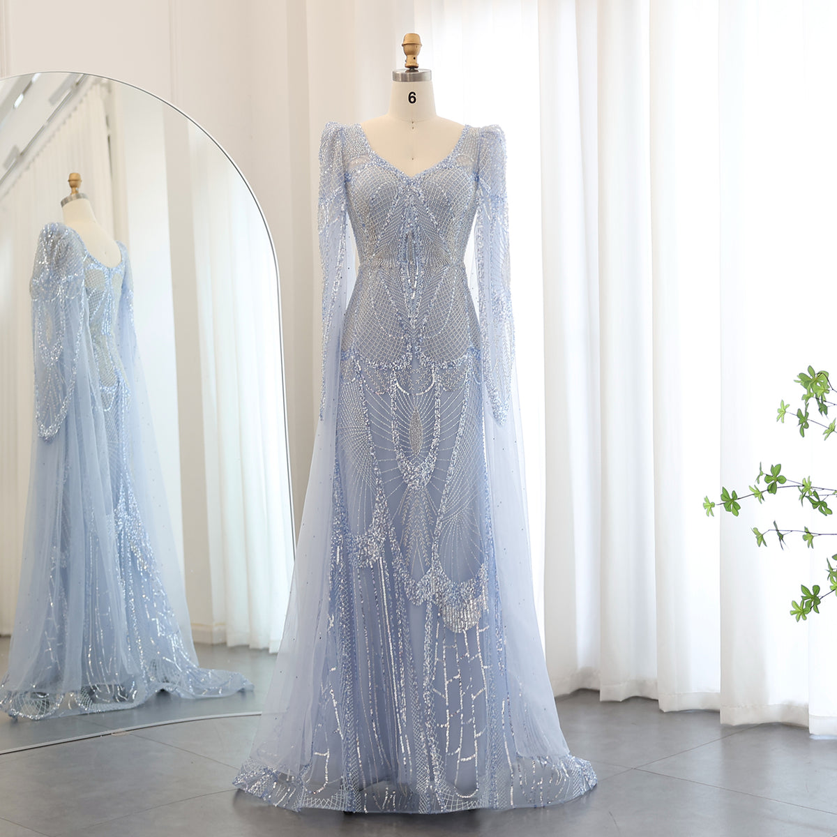 Sharon Said Luxury Mermaid Light Blue Evening Dresses with Cape Sleeves Elegant Plus Size Women Wedding Guest Party Gowns SS157