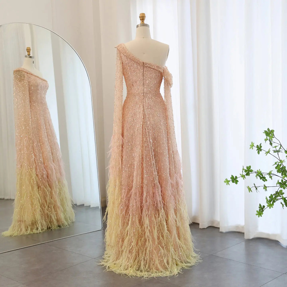 Luxury Feather One Shoulder Evening Dress with Cape Sleeves SS438 Luxury Feather One Shoulder Evening Dress with Cape Sleeves SS438