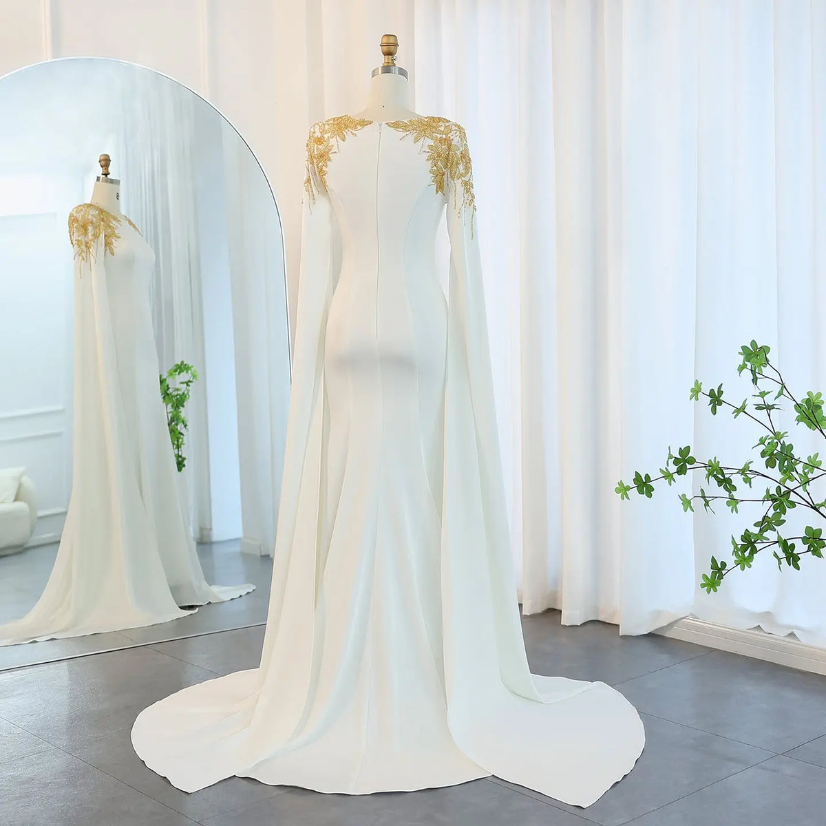 mermaid white and gold prom dress Gold Lace Appliqued White Mermaid Unique Prom Dress