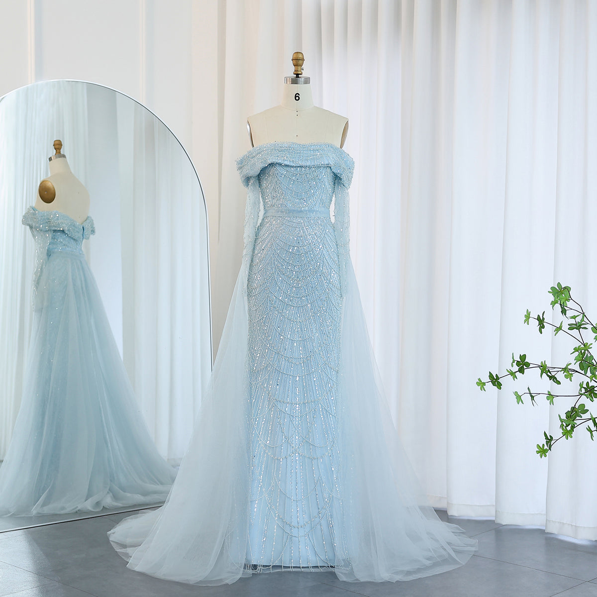 Sharon Said Luxury Off Shoulder Light Blue Mermaid Evening Dress with Detachable Overskirt Dubai Women Wedding Party Dress SS287
